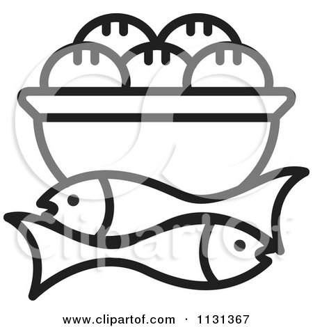 Clipart Of An Outlined Bowl Of Bread And Fish - Royalty Free Vector Illustration by Lal Perera