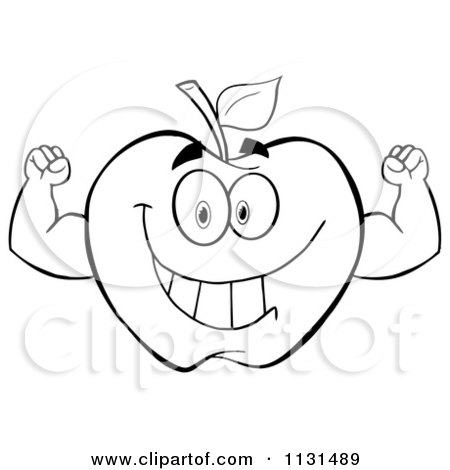 Cartoon Of An Outlined Strong Apple Mascot - Royalty Free Vector Clipart by Hit Toon