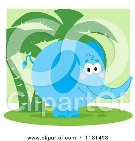 Cartoon Of A Round Blue Elephant By Palm Trees - Royalty Free Vector Clipart by Hit Toon
