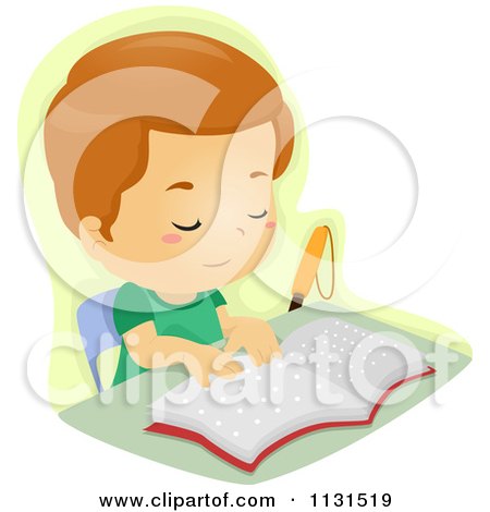 Cartoon Of A Blind School Boy Reading Braille - Royalty Free Vector Clipart by BNP Design Studio
