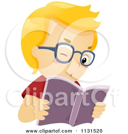 Cartoon Of A Boy Reading A Book With Glasses - Royalty Free Vector Clipart by BNP Design Studio