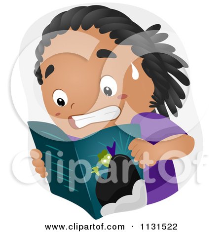 Cartoon Of A Black Boy Reading A Scary Horror Comic Book - Royalty Free Vector Clipart by BNP Design Studio