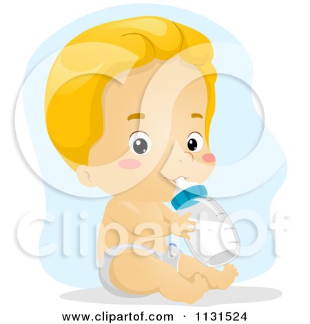 Cartoon Of A Blond Baby Boy Drinking From A Bottle - Royalty Free Vector Clipart by BNP Design Studio