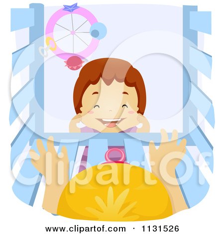 Cartoon Of A Happy Boy Looking Down Into A Crib - Royalty Free Vector Clipart by BNP Design Studio