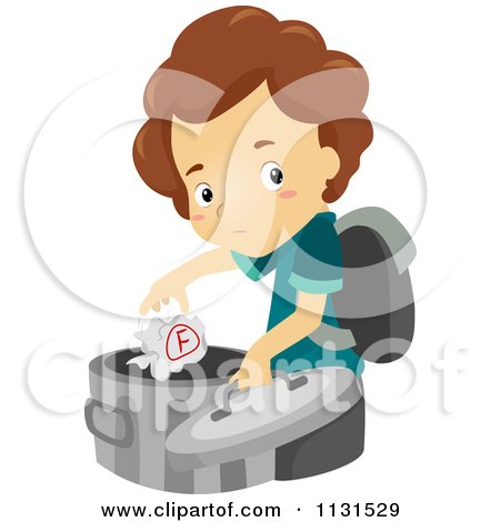 Cartoon Of A Boy Throwing An F Graded Paper Into The Trash - Royalty Free Vector Clipart by BNP Design Studio