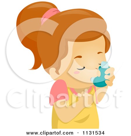 Cartoon Of A Girl Using An Asthma Inhaler - Royalty Free Vector Clipart by BNP Design Studio