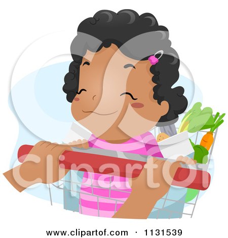 Cartoon Of A Happy Black Girl Riding In A Grocery Cart - Royalty Free Vector Clipart by BNP Design Studio