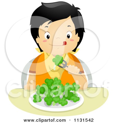 Cartoon Of A Hungry Asian Boy Eating Broccoli - Royalty Free Vector Clipart by BNP Design Studio