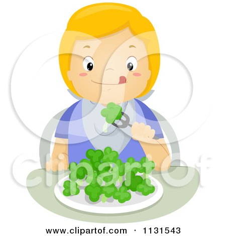 Cartoon Of A Hungry Blond Boy Eating Broccoli - Royalty Free Vector Clipart by BNP Design Studio