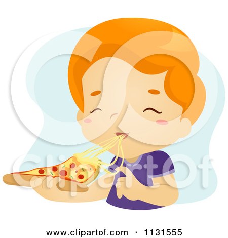 Cartoon Of A Boy Eating A Cheesy Slice Of Pizza - Royalty Free Vector Clipart by BNP Design Studio