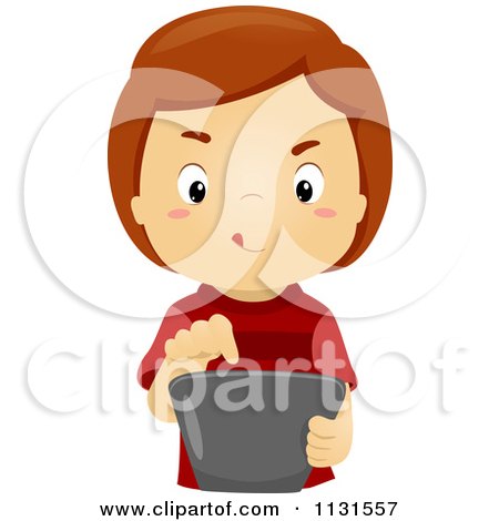 Cartoon Of A Boy Using A Tablet Computer - Royalty Free Vector Clipart by BNP Design Studio