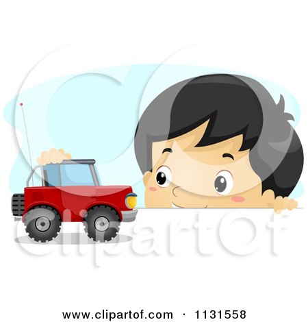 Cartoon Of An Asian Boy Playing With A Car On A Table - Royalty Free Vector Clipart by BNP Design Studio