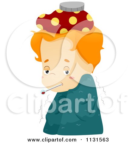 Cartoon Of A Sick Boy With A Blanket Thermometer And Compress - Royalty Free Vector Clipart by BNP Design Studio