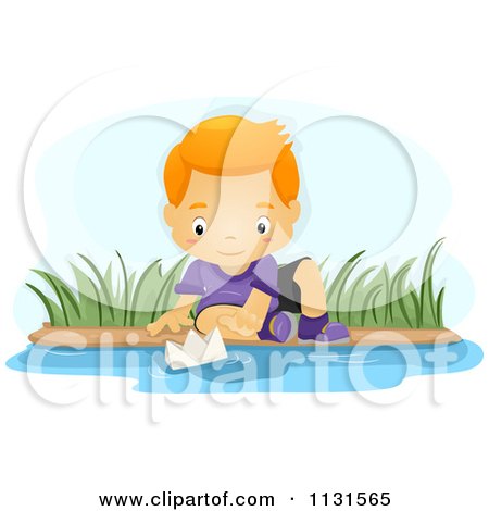 Cartoon Of A Boy Playing With A Paper Boat In A Stream - Royalty Free Vector Clipart by BNP Design Studio