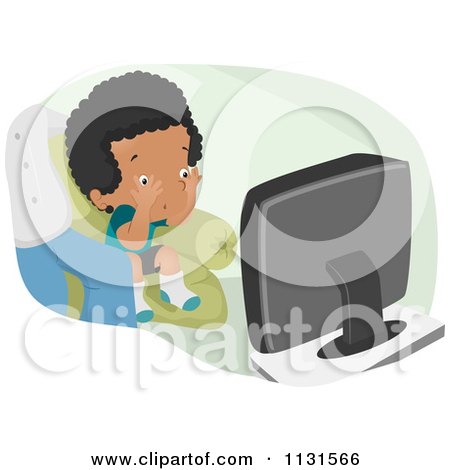 Cartoon Of A Boy Watching A Scary Movie - Royalty Free Vector Clipart by BNP Design Studio