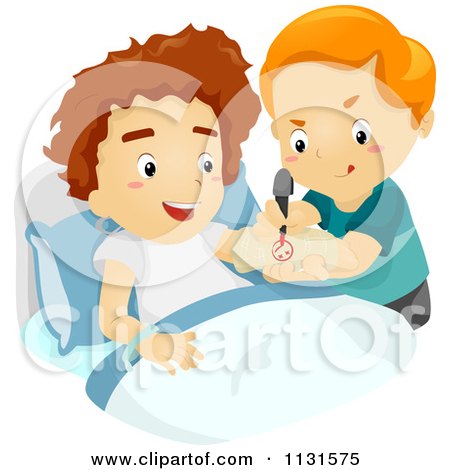 Cartoon Of A Boy Drawing On His Friends Cast - Royalty Free Vector Clipart by BNP Design Studio