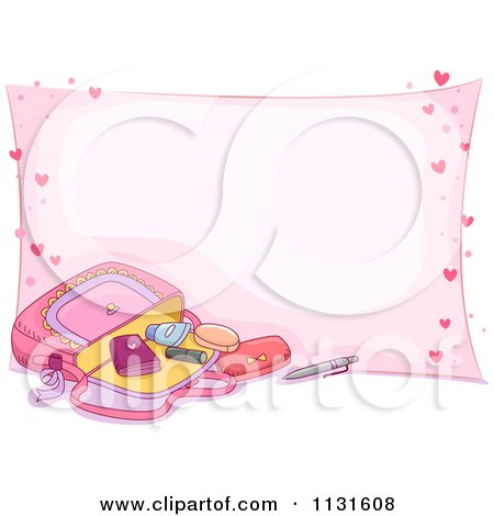 Cartoon Of A Girls Purse With Makeup Over Pink With Hearts - Royalty Free Vector Clipart by BNP Design Studio