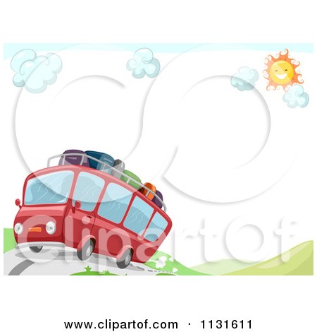 Cartoon Of A Red Travel Bus With Luggage On A Hilly Road With Copyspace - Royalty Free Vector Clipart by BNP Design Studio