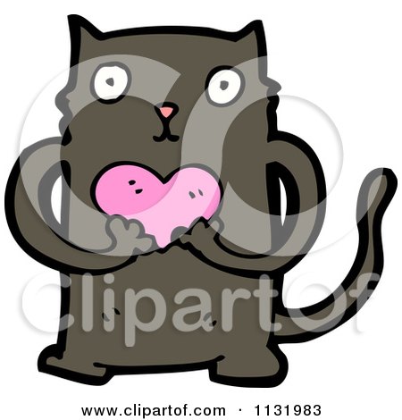 Cartoon Of A Black Cat With A Heart - Royalty Free Vector Clipart by lineartestpilot