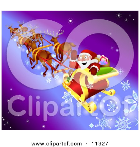 Santa Waving While Flying by in His Sleigh With His Reindeer Clipart Illustration by AtStockIllustration