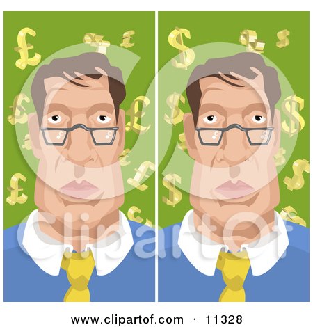 Man With Backgrounds of Euro Pounds and Dollars Clipart Illustration by AtStockIllustration