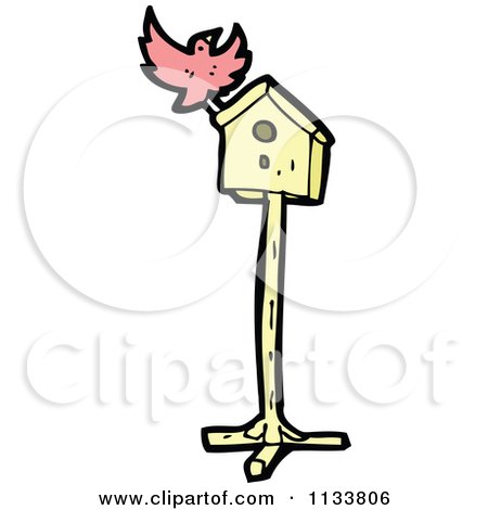 Cartoon Of A Pink Bird And House - Royalty Free Vector Clipart by lineartestpilot