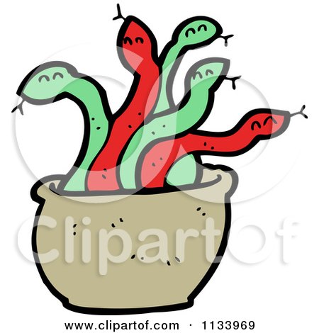 Cartoon Of Green And Red Snakes In A Pot - Royalty Free Vector Clipart by lineartestpilot