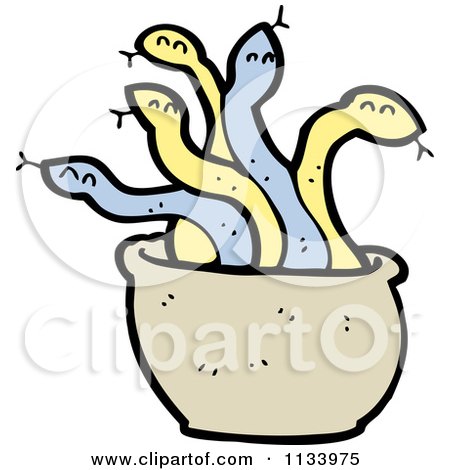 Cartoon Of Blue And Yellow Snakes In A Pot - Royalty Free Vector Clipart by lineartestpilot