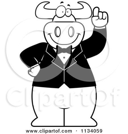 Cartoon Clipart Of An Outlined Bull Wearing A Tux And Holding Up An Idea Finger - Black And White Vector Coloring Page by Cory Thoman