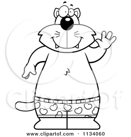 Cartoon Clipart Of An Outlined Cat Waving And Wearing Boxers - Black And White Vector Coloring Page by Cory Thoman