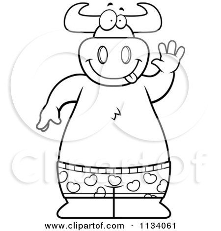 Cartoon Clipart Of An Outlined Happy Bull Wearing Boxes And Waving - Black And White Vector Coloring Page by Cory Thoman