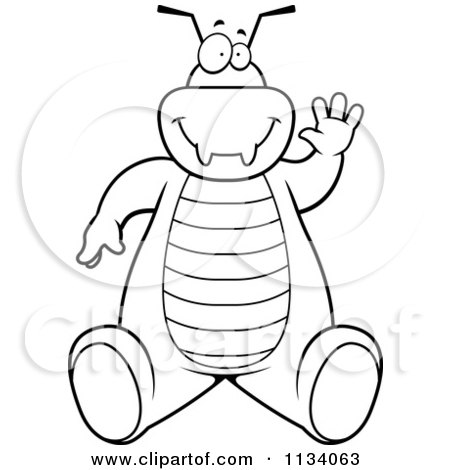 Cartoon Clipart Of An Outlined Bug Sitting And Waving - Black And White Vector Coloring Page by Cory Thoman
