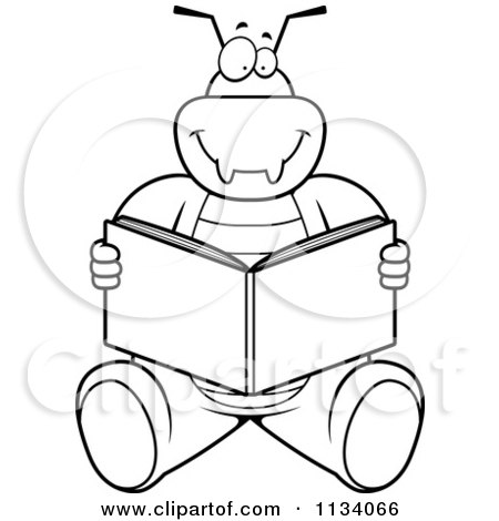 Cartoon Clipart Of An Outlined Bug Reading - Black And White Vector Coloring Page by Cory Thoman