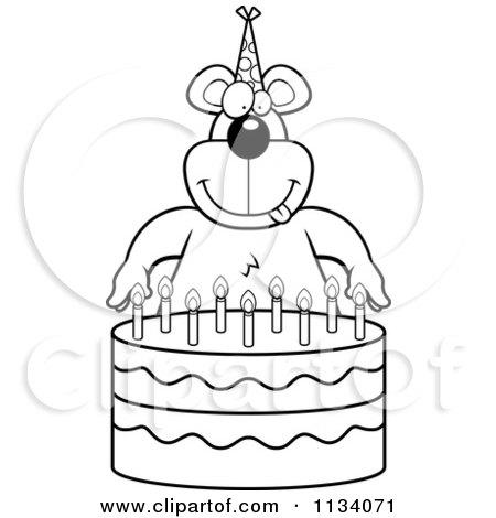 Cartoon Clipart Of An Outlined Bear Making A Wish Over Candles On A Birthday Cake - Black And White Vector Coloring Page by Cory Thoman