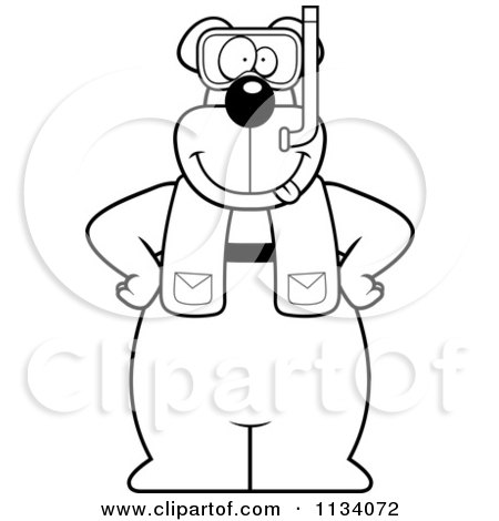 Cartoon Clipart Of An Outlined Bear In Scuba Gear - Black And White Vector Coloring Page by Cory Thoman
