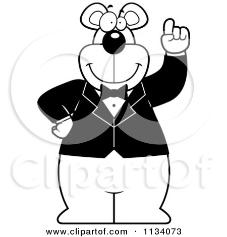 Cartoon Clipart Of An Outlined Bear Wearing A Tux And Holding Up An Idea Finger - Black And White Vector Coloring Page by Cory Thoman