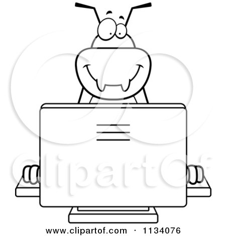 Cartoon Clipart Of An Outlined Bug Using A Computer - Black And White Vector Coloring Page by Cory Thoman
