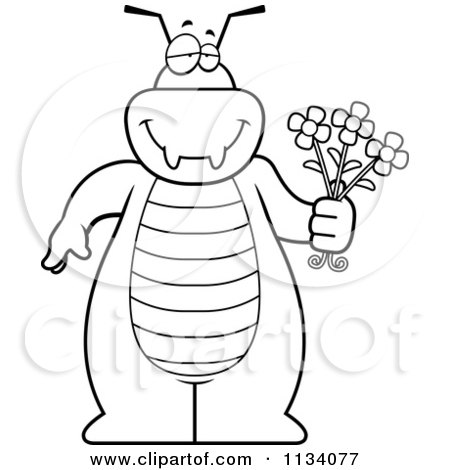Cartoon Clipart Of An Outlined Bug Holding Flowers - Black And White Vector Coloring Page by Cory Thoman