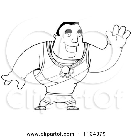 Cartoon Clipart Of An Outlined Buff Olympic Athlete Man Waving - Black And White Vector Coloring Page by Cory Thoman