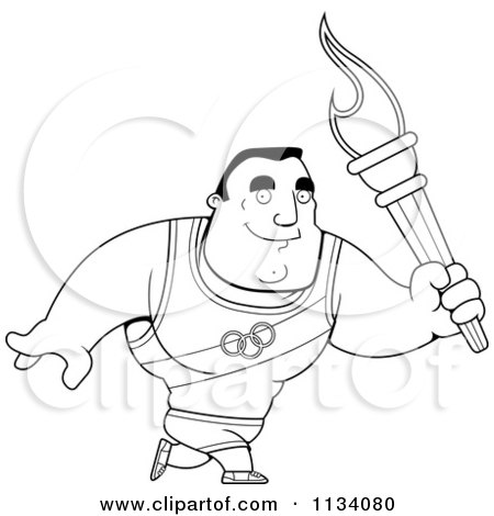 Cartoon Clipart Of An Outlined Buff Olympic Athlete Man Walking With A Torch - Black And White Vector Coloring Page by Cory Thoman