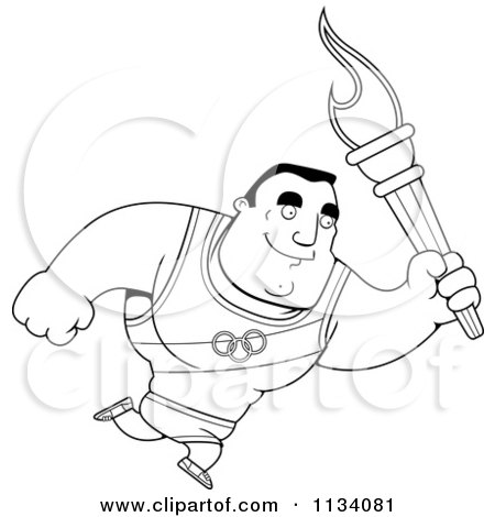 Cartoon Clipart Of An Outlined Buff Olympic Athlete Man Running With A Torch - Black And White Vector Coloring Page by Cory Thoman