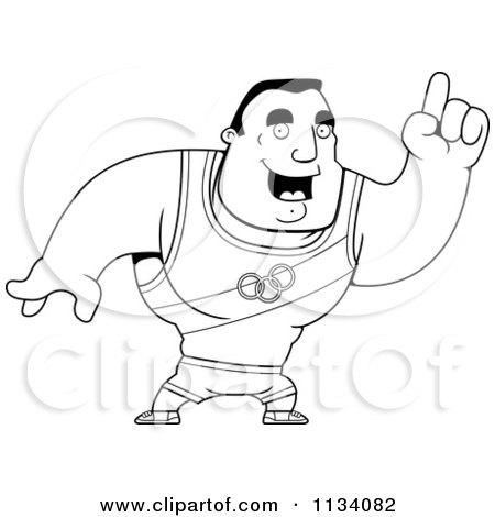 Cartoon Clipart Of An Outlined Buff Olympic Athlete Man With An Idea - Black And White Vector Coloring Page by Cory Thoman