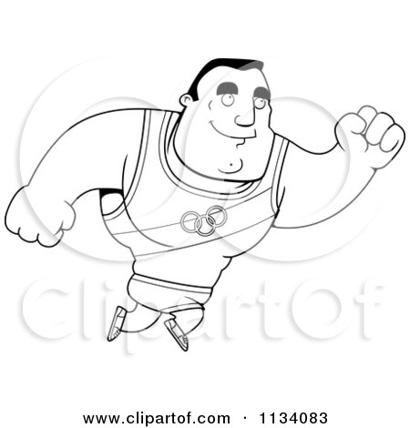 Cartoon Clipart Of An Outlined Buff Olympic Athlete Man Jumping - Black And White Vector Coloring Page by Cory Thoman