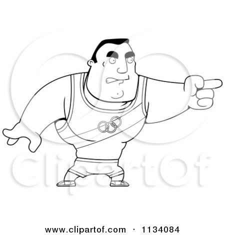 Cartoon Clipart Of An Outlined Angry Buff Olympic Athlete Man Pointing - Black And White Vector Coloring Page by Cory Thoman