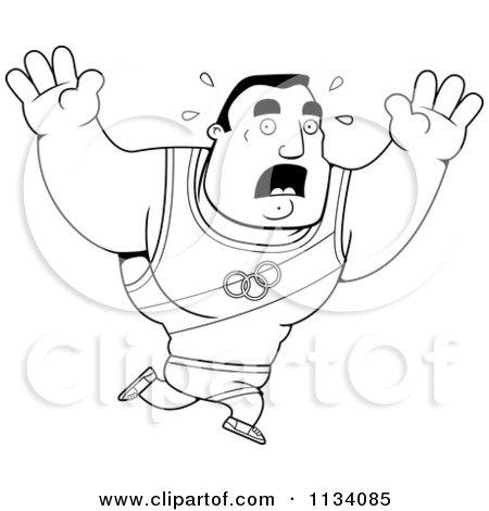 Cartoon Clipart Of An Outlined Buff Olympic Athlete Man Running In Fear - Black And White Vector Coloring Page by Cory Thoman
