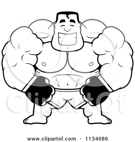 Cartoon Clipart Of An Outlined Happy Buff MMA Fighter - Black And White Vector Coloring Page by Cory Thoman