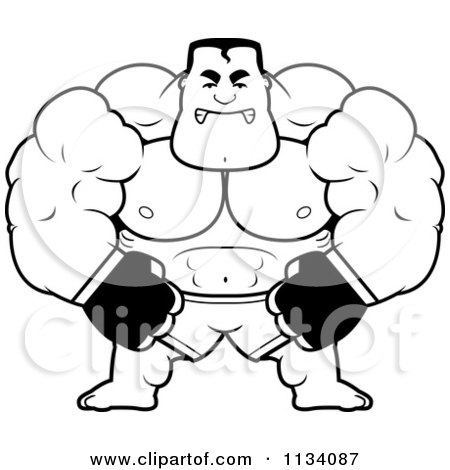 Cartoon Clipart Of An Outlined Angry Buff MMA Fighter - Black And White Vector Coloring Page by Cory Thoman