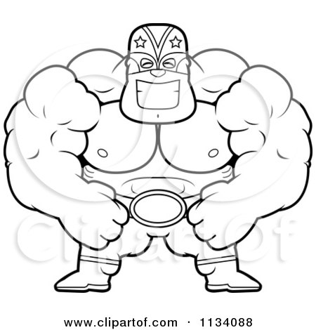 Cartoon Clipart Of An Outlined Strong Luchador Wrestler - Black And White Vector Coloring Page by Cory Thoman
