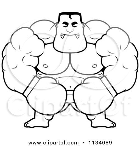 Cartoon Clipart Of An Outlined Angry Buff Boxer - Black And White Vector Coloring Page by Cory Thoman