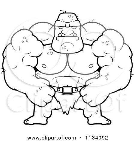 Cartoon Clipart Of An Outlined Tough Buff Ogre - Black And White Vector Coloring Page by Cory Thoman